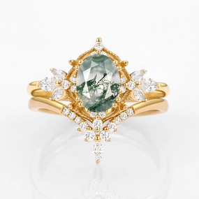 Custom Piece Vintage Signature Moss Agate Fairy Inspired Ring Set 2pcs