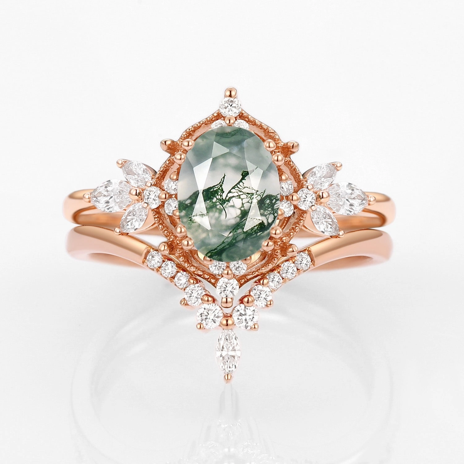 Modern Accent Vintage Signature Moss Agate Fairy Inspired Ring Set 2pcs