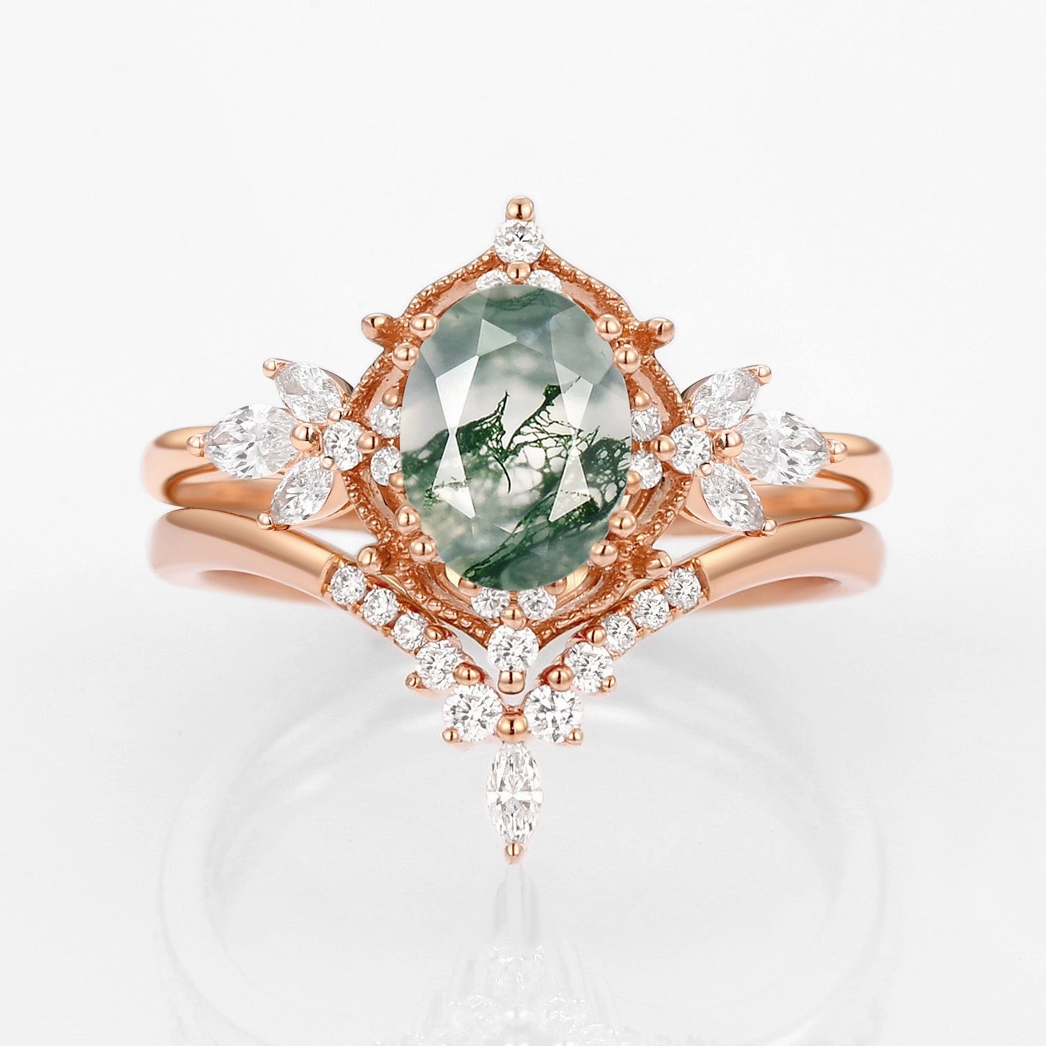 Vintage Signature Moss Agate Fairy Inspired Ring Set 2pcs Durable Material