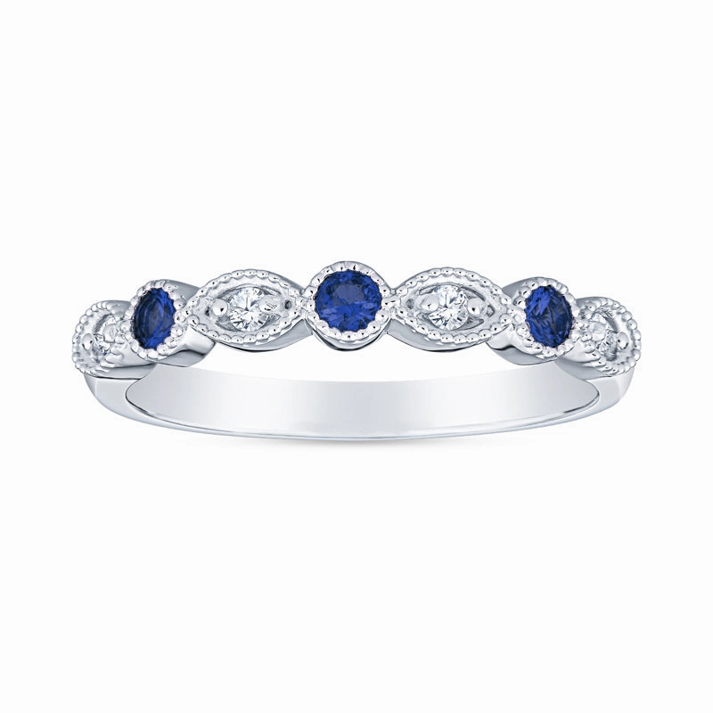 Vintage Style Faux Marquis Milgrain Stackable Sapphire and Diamond Band Light Detail Luxury Line