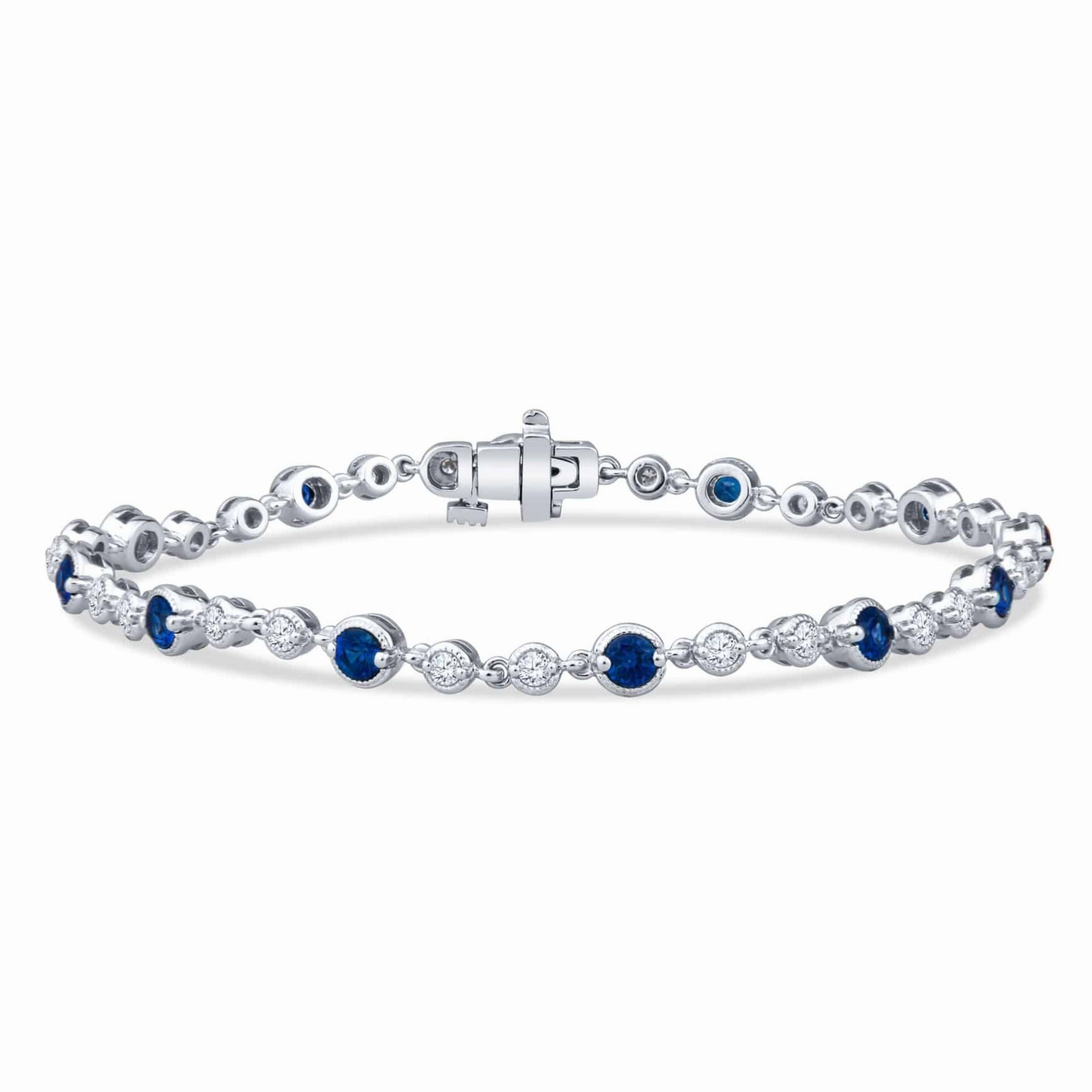 Modern Flair Vintage Style Milgrain Alternating Round Bezel Set Sapphire and Diamonds Bracelet