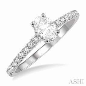 5/8 ctw Oval Shape Center Stone Ladies Engagement Ring with 3/8 Ct Oval Cut Center Stone in 14K White Gold Romantic Occasion