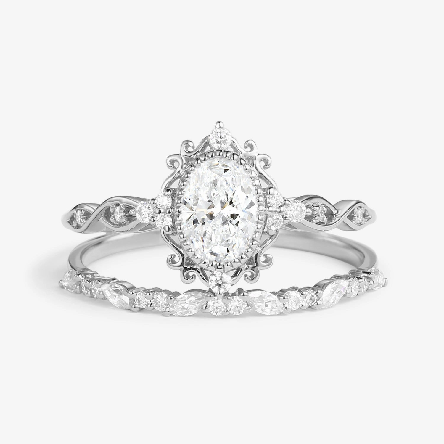 Finest Feature Graceful Spark Vintage Victorian Oval Moissanite Infinity Engagement Ring Set 2pcs - Margaret