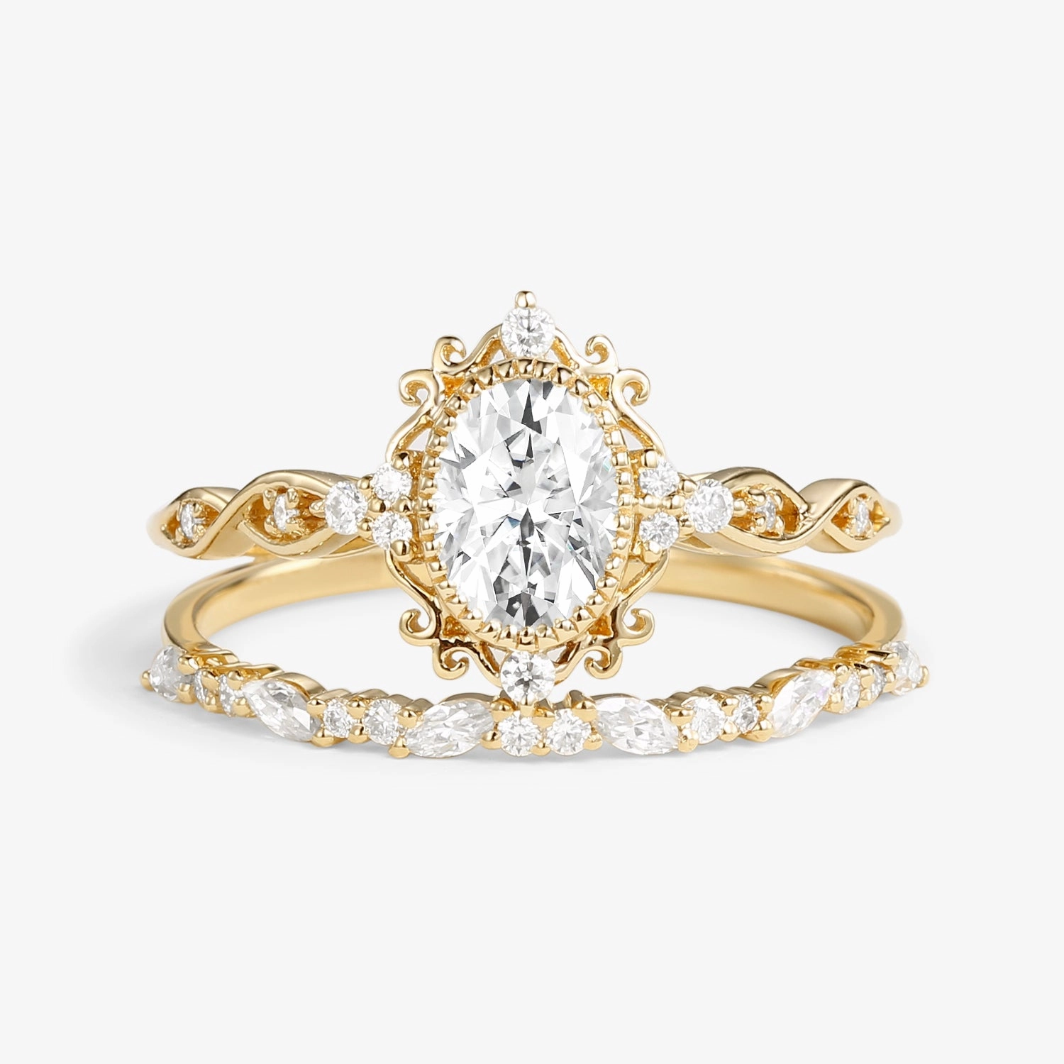 Vintage Victorian Oval Moissanite Infinity Engagement Ring Set 2pcs - Margaret Bold Design