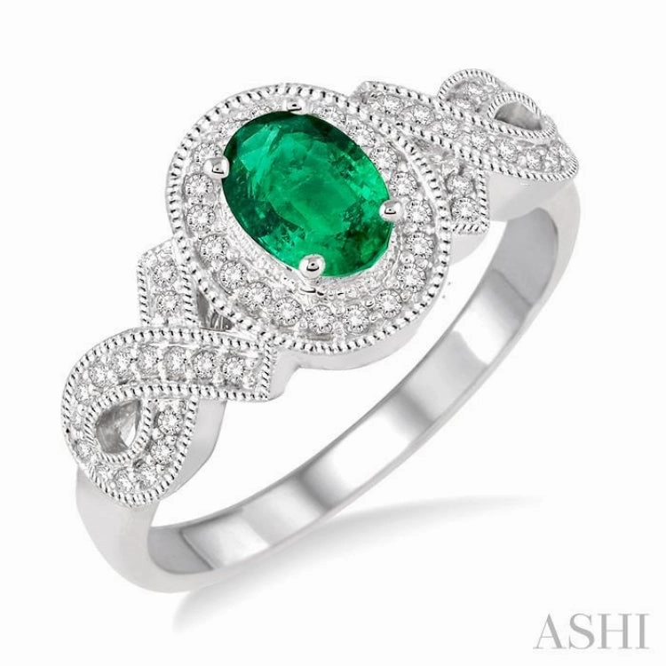 6x4 MM Oval Cut Emerald and 1/4 Ctw Round Cut Diamond Ring in 10K White Gold Amazing Expression