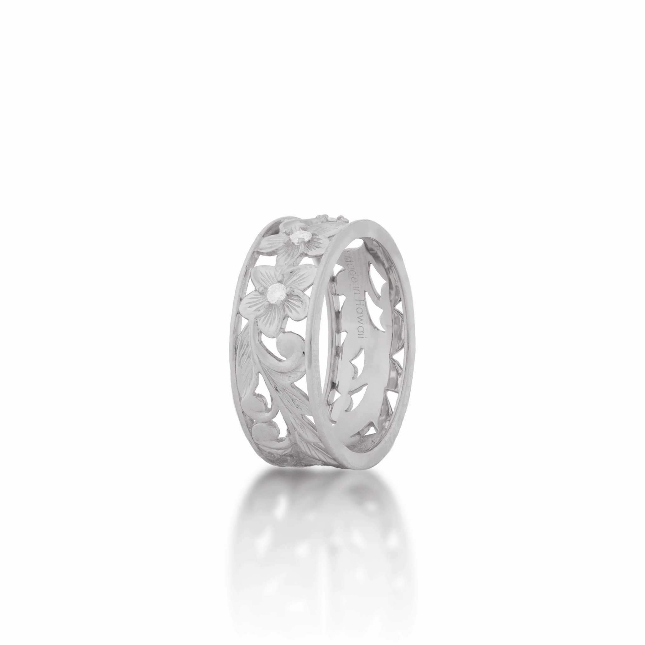 Hawaiian Heirloom Plumeria Ring in White Gold with Diamonds - 8mm Effortless Design Soft Vibe
