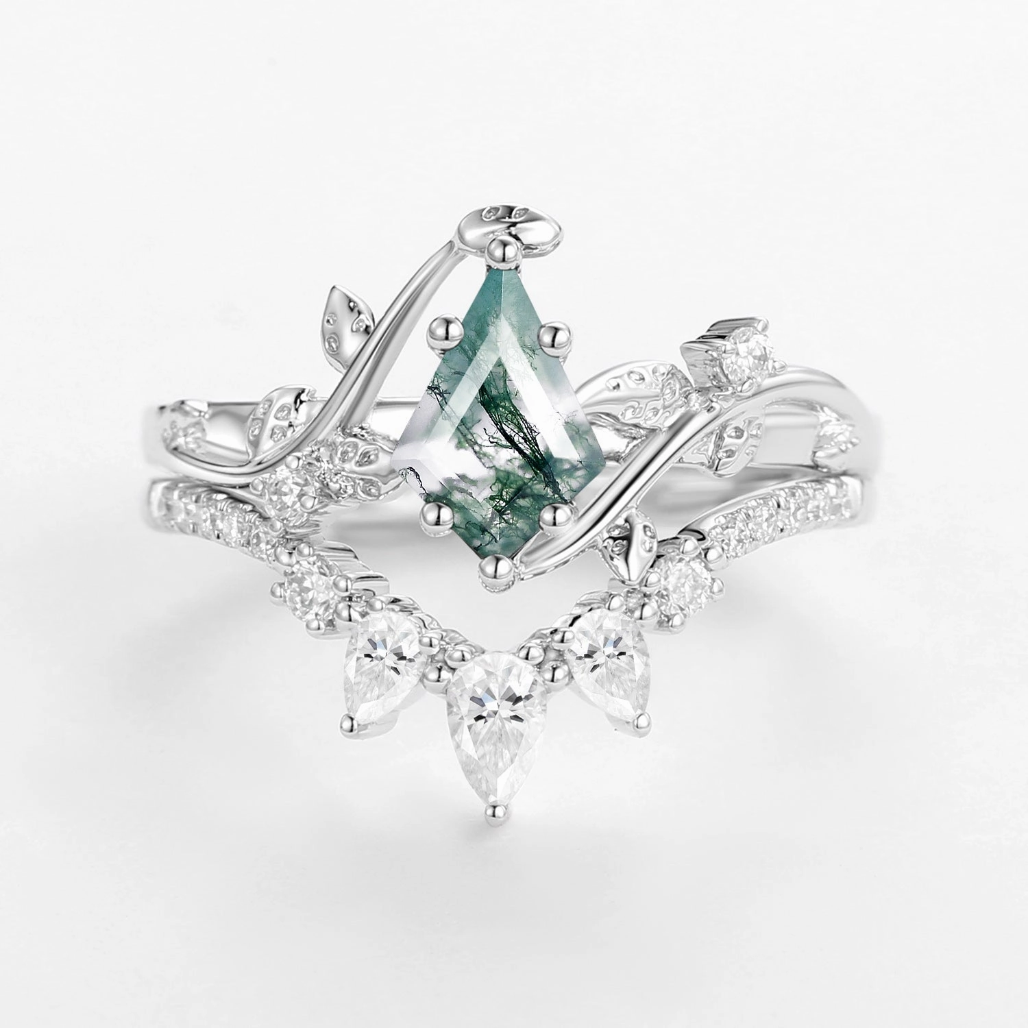 Kite Cut Moss Agate Leafy White Gold Engagement Ring Sets 2pcs Low-Cost Expression
