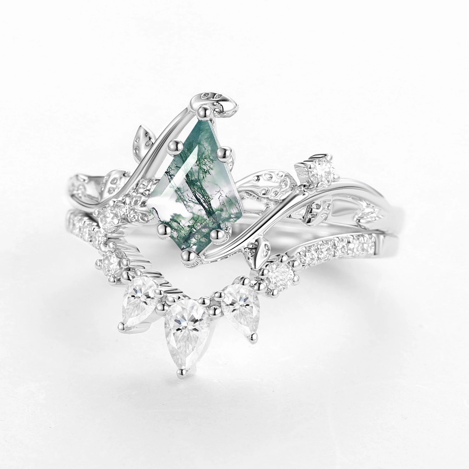 Quality Expression Kite Cut Moss Agate Leafy White Gold Engagement Ring Sets 2pcs