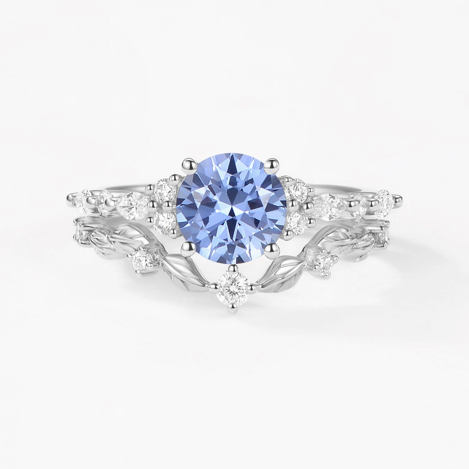 Round Shaped Leafy Cornflower Blue Lab Sapphire Engagement Ring Sets - Sarah Shiny Gem Luminous Look