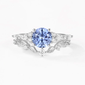 Round Shaped Leafy Cornflower Blue Lab Sapphire Engagement Ring Sets - Sarah Shiny Gem Luminous Look