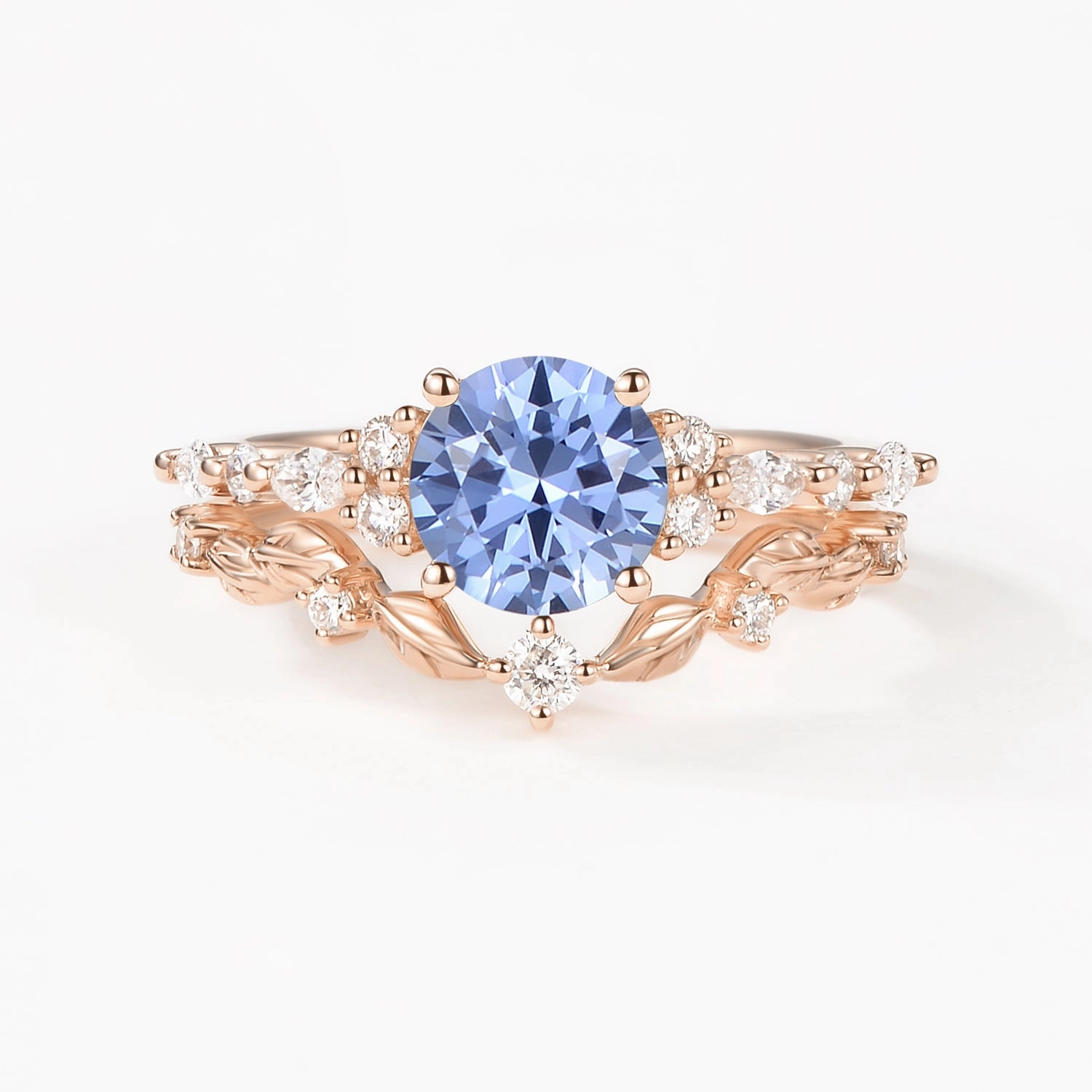 Creative Glance Round Shaped Leafy Cornflower Blue Lab Sapphire Engagement Ring Sets - Sarah