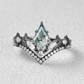 Black Gold Kite Cut Moss Agate Leafy Art-Deco Engagement Ring Set 2pcs Classic Trend Silken Touch