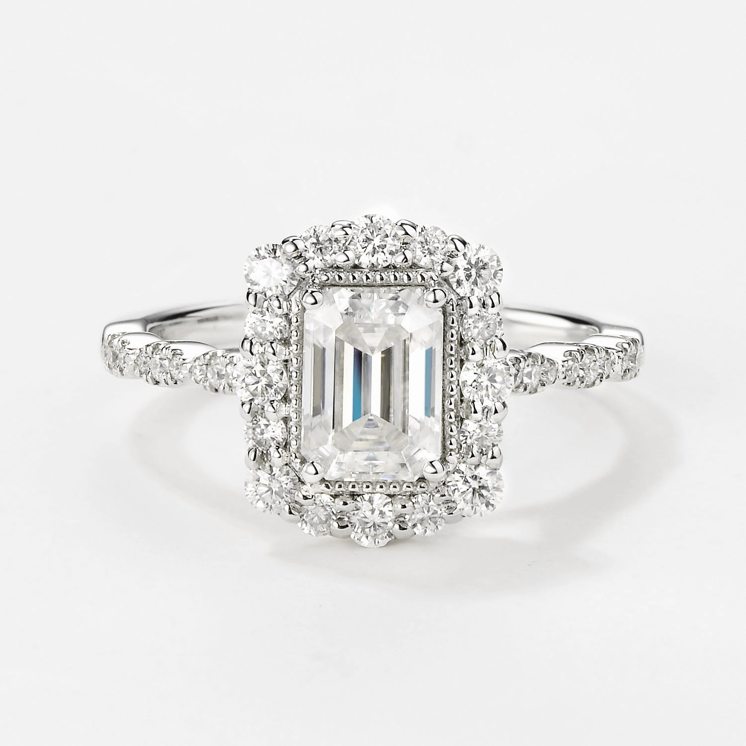 Accent Piece Emerald Cut Moissanite Classic White Gold Engagement Ring
