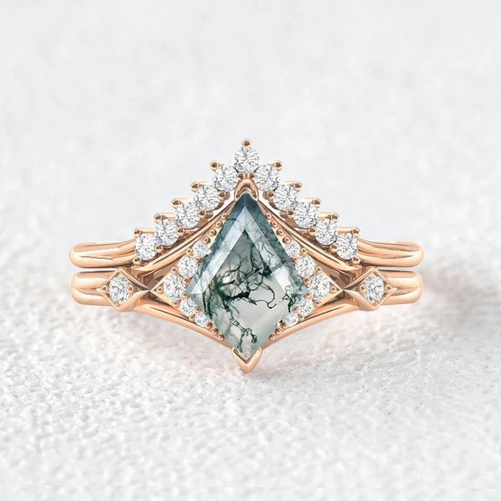 Kite Cut Moss Agate Art-Deco Gorgeous Engagement Ring Set 2pcs Quality Design Low-Cost Design