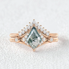 Kite Cut Moss Agate Art-Deco Gorgeous Engagement Ring Set 2pcs Bold Pieces Design Natural Shine