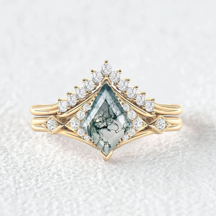 Sophisticated Element Kite Cut Moss Agate Art-Deco Gorgeous Engagement Ring Set 2pcs