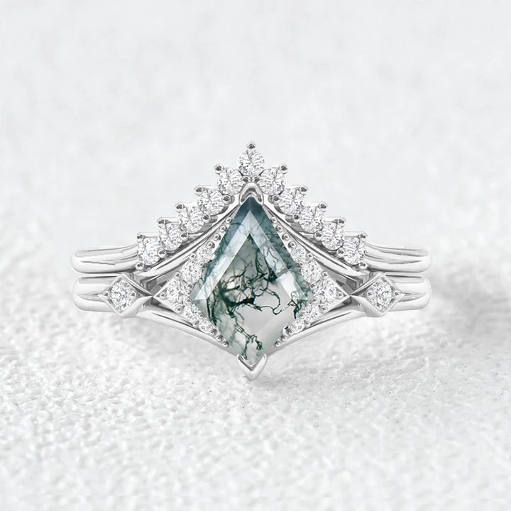 Kite Cut Moss Agate Art-Deco Gorgeous Engagement Ring Set 2pcs Versatile Style