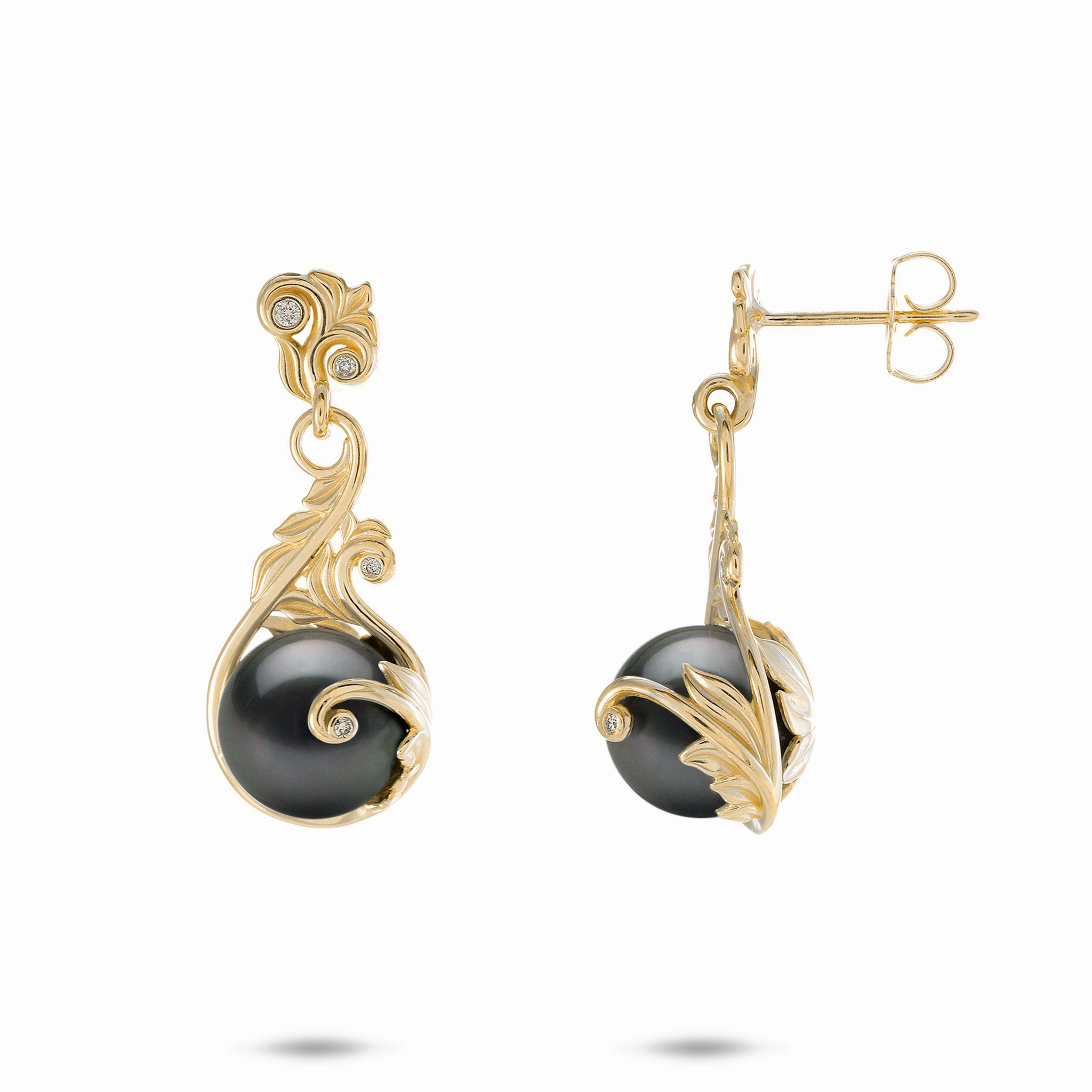 Shining Piece Living Heirloom Tahitian Black Pearl Earrings in Gold with Diamonds - 9-10mm