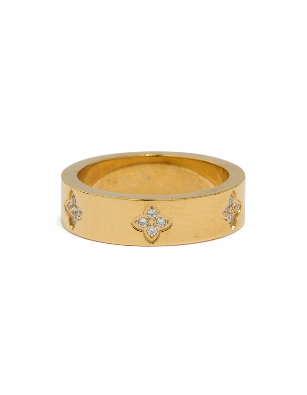 Polished Glow Waterproof Gold Plated Stainless Steel Cubic Zirconia Flower Band Ring