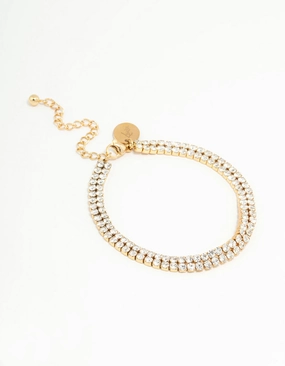 Stylish Accessory Waterproof Gold Plated Stainless Steel Diamante Layered Tennis Bracelet