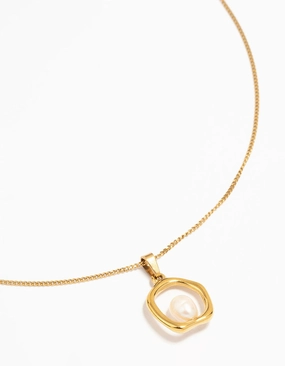 Dazzling Craft Waterproof Gold Plated Stainless Steel Freshwater Pearl Molten Hoop Pendant Necklace