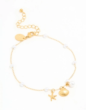 Texture Play Bold Shine Waterproof Gold Plated Stainless Steel Pearl Star & Shell Charm Anklet