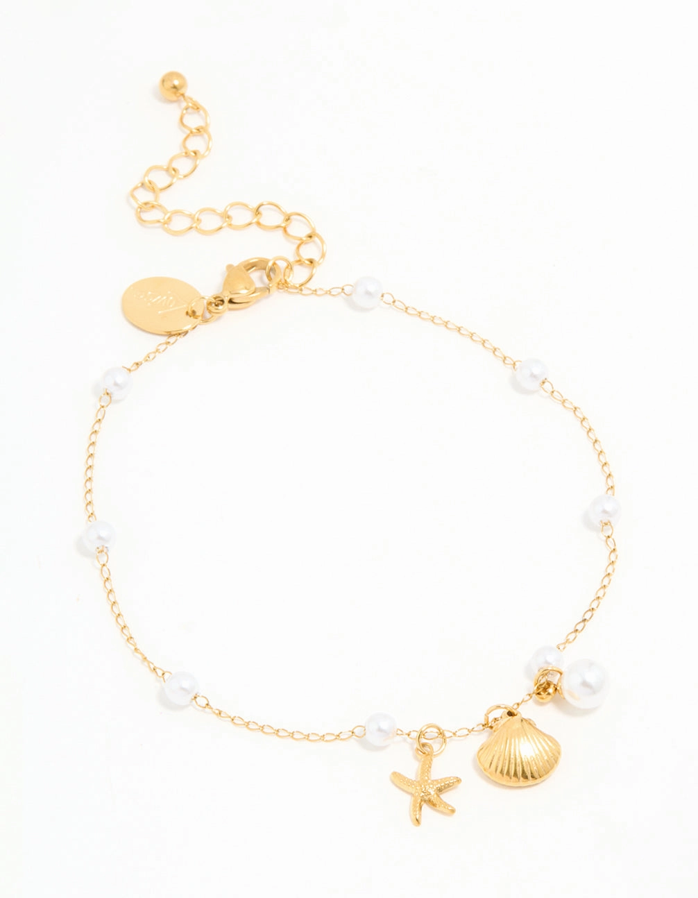 Texture Play Bold Shine Waterproof Gold Plated Stainless Steel Pearl Star & Shell Charm Anklet