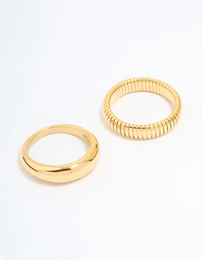 Soft Highlight Waterproof Gold Plated Stainless Steel Ridge & Smooth Rings 2-Pack