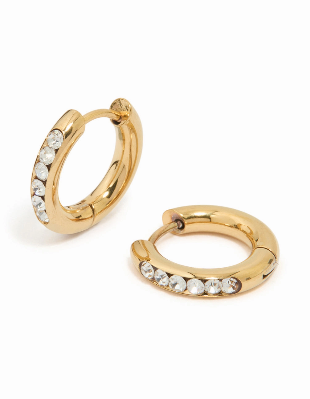 Trendy Addition Waterproof Gold Plated Stainless Steel Round Diamante Clicker Hoop Earrings
