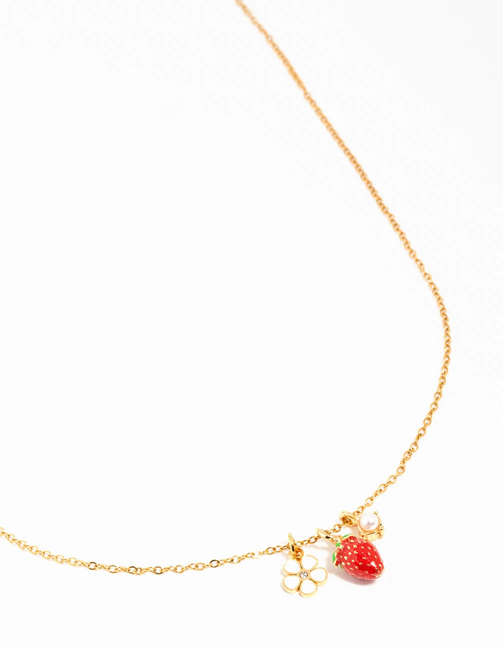 Shimmering Touch Waterproof Gold Plated Stainless Steel Strawberry & Flower Pendant Necklace