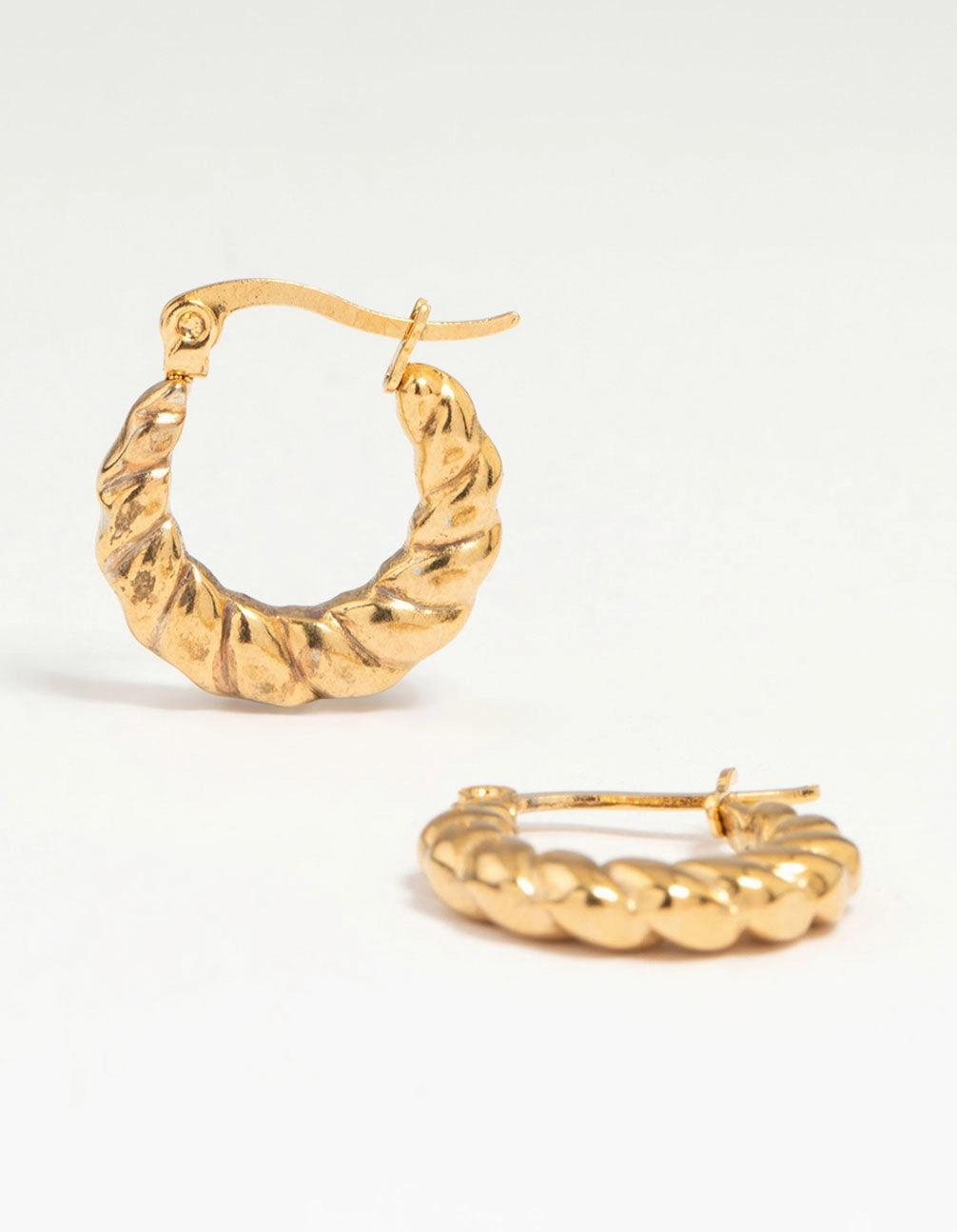 Waterproof Gold Plated Stainless Steel Textured Crescent Hoop Earrings Polished Shine