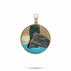 Whale Tail Mother of Pearl & Turquoise Pendant in Gold - 22mm Subtle Twist Glitter Detail