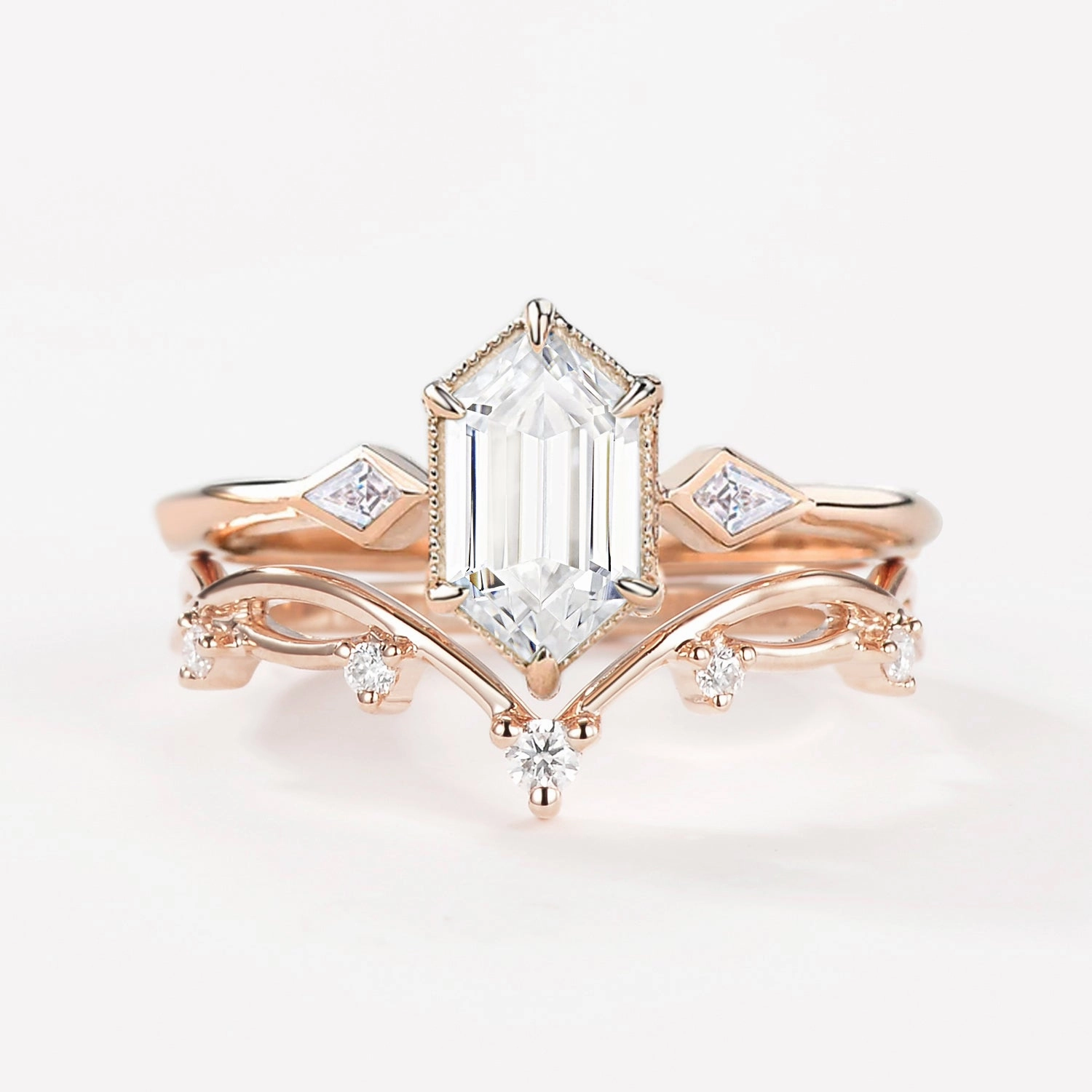 Delicate Style 1.0ct Hexagon Cut Lab Grown Diamond Engagement Ring Set 2pcs