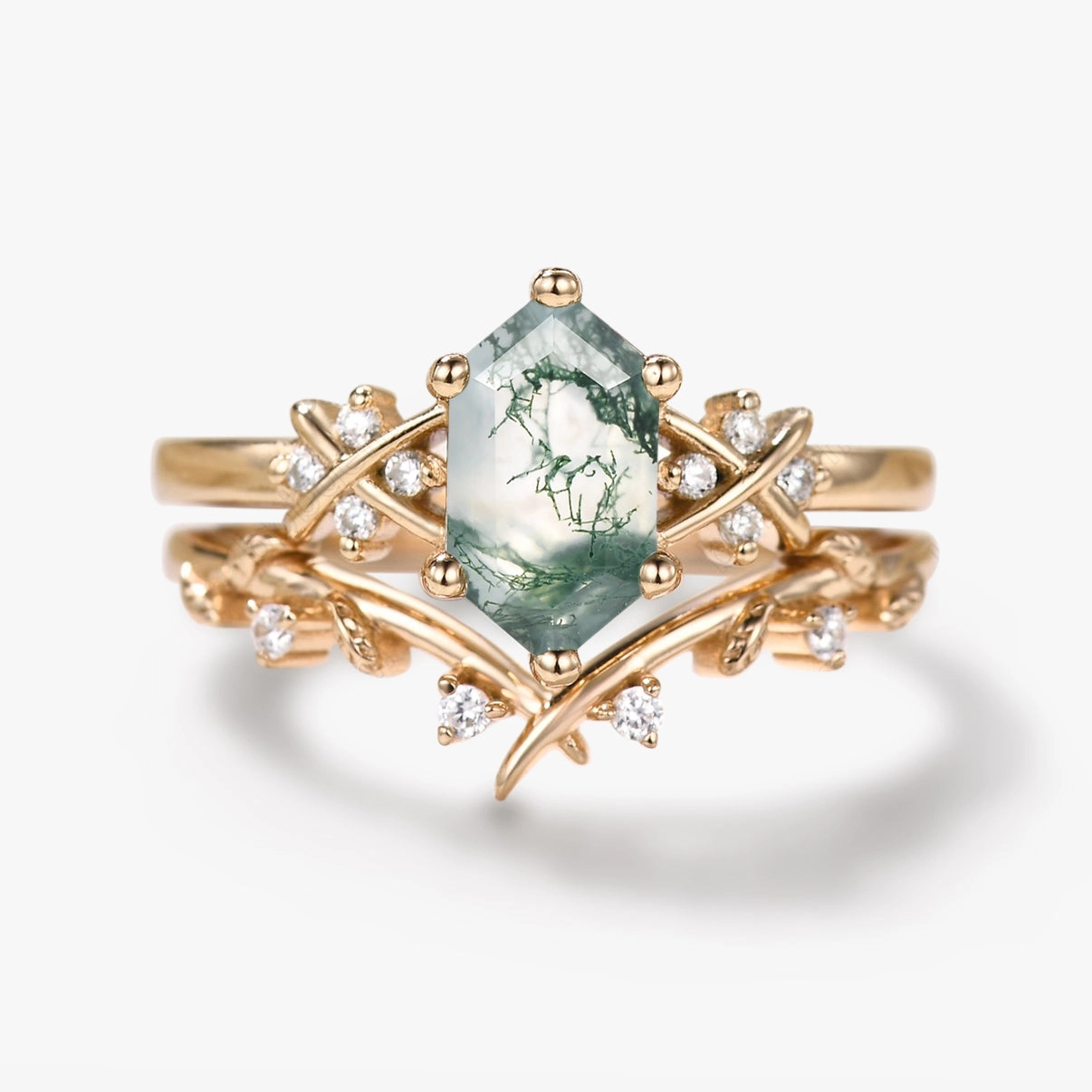 Wedding Ready X-Band Long Hexagon Moss Agate Leafy Engagement Ring Set 2pcs
