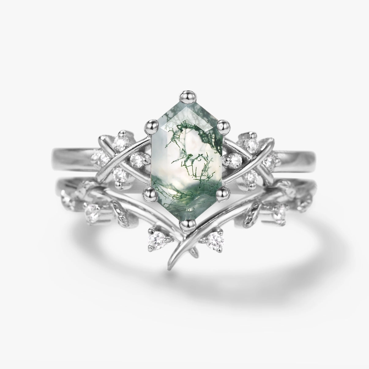 X-Band Long Hexagon Moss Agate Leafy Engagement Ring Set 2pcs Luxury Collection