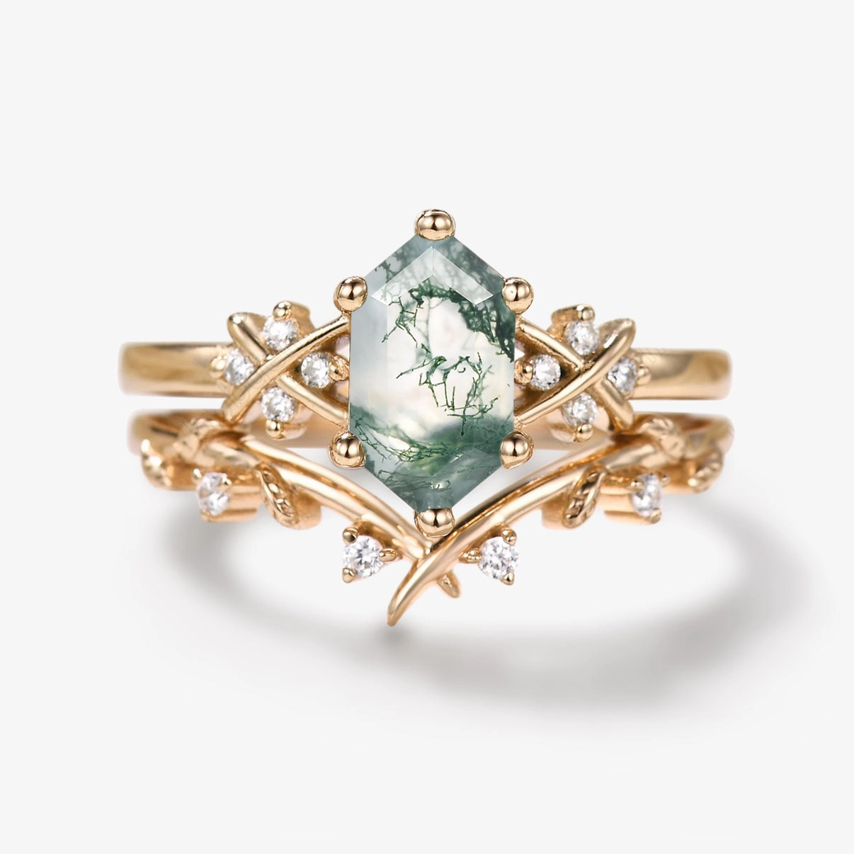 X-Band Long Hexagon Moss Agate Leafy Engagement Ring Set 2pcs Date Ready Luxury Touch Design