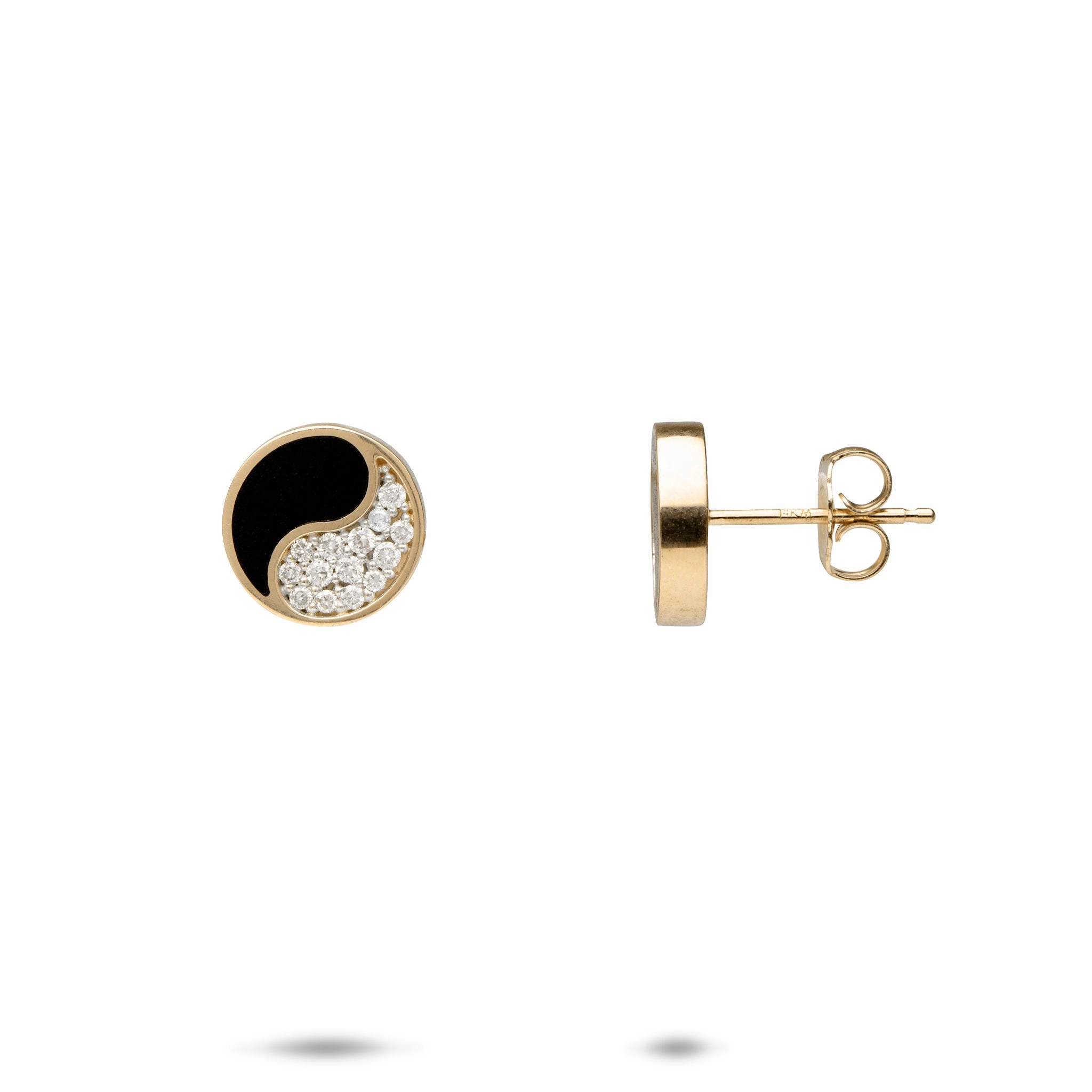 Yin Yang Black Coral Earrings in Gold with Diamonds - 10mm Highlight Edge
