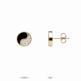 Yin Yang Black Coral Earrings in Gold with Diamonds - 10mm Highlight Edge