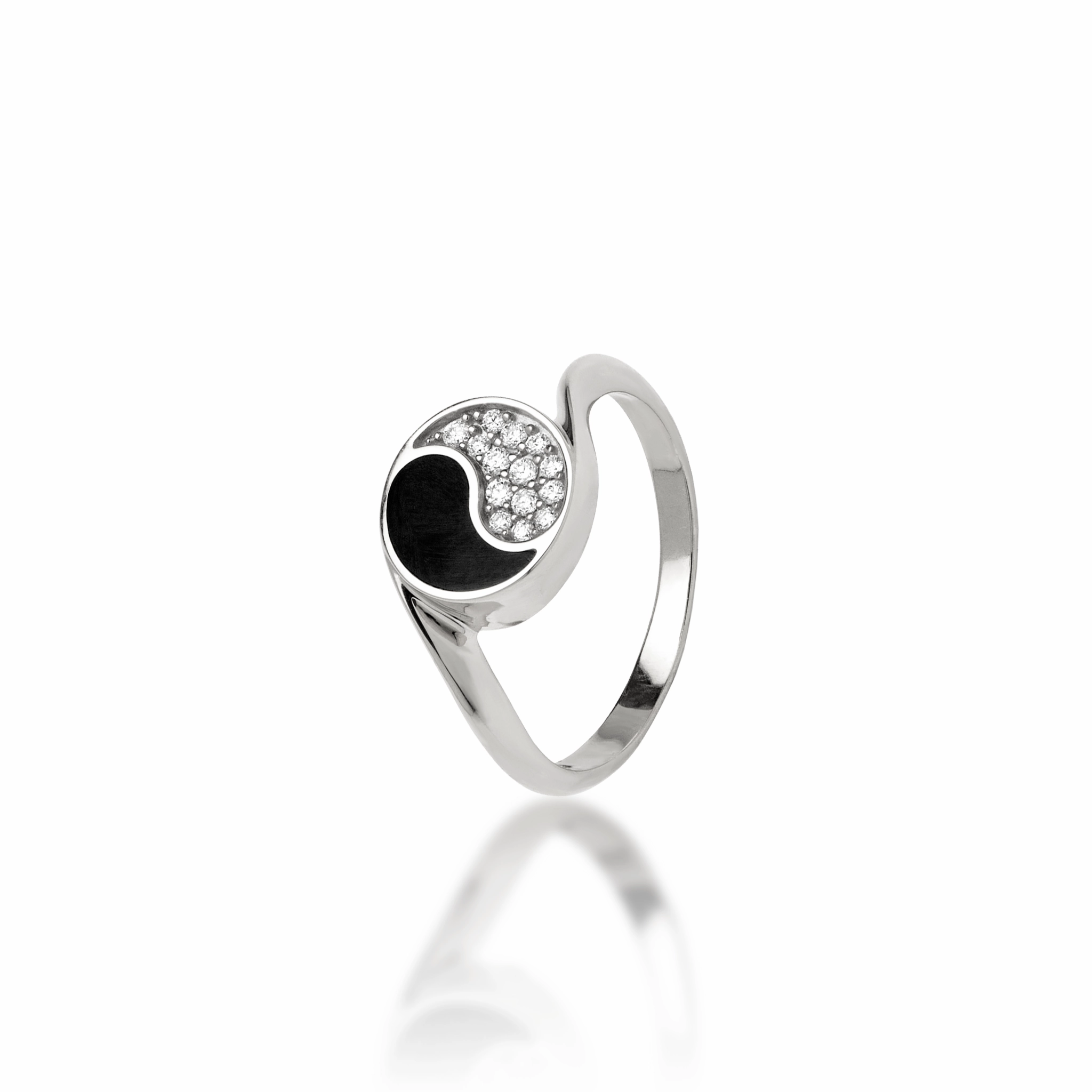 Yin Yang Black Coral Ring in White Gold with Diamonds - 10mm Golden Light