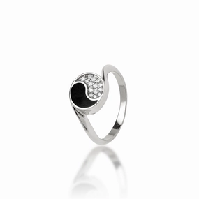 Yin Yang Black Coral Ring in White Gold with Diamonds - 10mm Textured Highlight